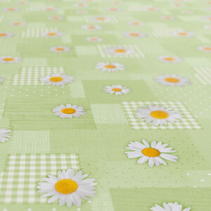 Wachstuch Tischdecke Patchwork Kamille Blumen Grün Oval 180x140cm mit Saum