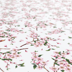 Tischdecke abwaschbar Wachstuch Sakura mit Vogel Weiß 140x500 cm