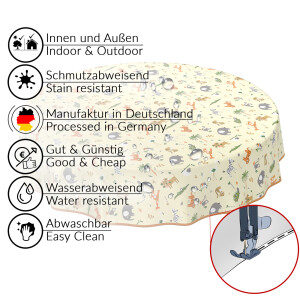 Wachstuch Tischdecke abwaschbar Wachstischdecke Kindertischdecke Geburtstag Tiere Gelb Rund 140cm eingefasst