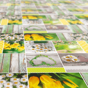 Tischdecke abwaschbar Wachstuch Frühling Tulpen Herz Holz 140x180 cm mit Saum Grün