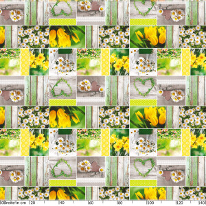 Tischdecke abwaschbar Wachstuch Frühling Tulpen Herz Holz Oval 140x160 cm mit Saum Grün