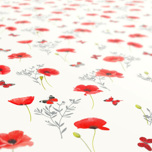 Tischdecke Wachstuch Mohnblumen Perlmut-Weiß 140x200 cm