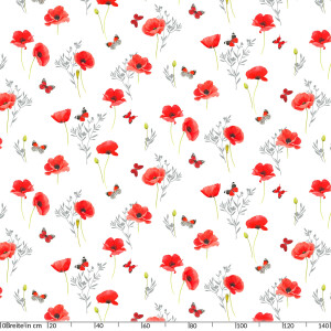 Tischdecke Wachstuch Mohnblumen Perlmut-Weiß 140x220 cm mit Saum