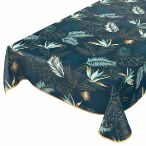 Tischdecke Wachstuch Tropic Palme Blätter Blau 140x260 cm mit Saum pflegeleicht