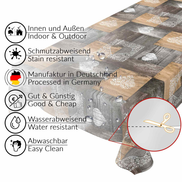 Wachstuch Tischdecke abwaschbar Wachstischdecke Gartentischdecke Holz Rustikal Herz Braun 160cm Breite