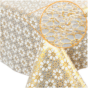 Vinyl Tischdecke abwaschbar Wachstischdecke Gartentischdecke Lace Vinyl Häkeloptik  Blumen Gold