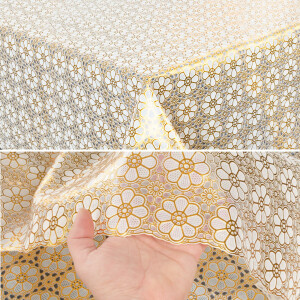 Vinyl Tischdecke abwaschbar Wachstischdecke Gartentischdecke Lace Vinyl Häkeloptik  Blumen Gold