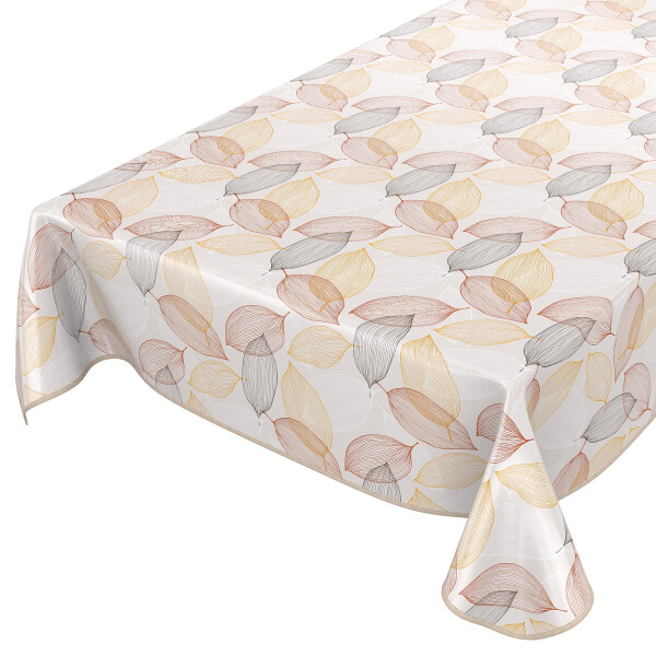 Wachstuchtischdecke Tischdecke abwaschbar Gartentischdecke Laub Blätter Beige 100x140cm eingefasst