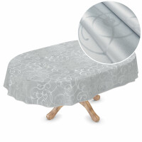 Premium Tischdecke Soft Wachstuch mit 1mm Stärke Ornament Damast Silber Oval 150x280cm mit Saum abwaschbar