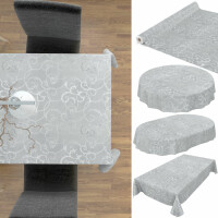 Premium Tischdecke Soft Wachstuch mit 1mm Stärke Ornament Damast Silber Oval 150x280cm mit Saum abwaschbar