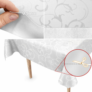 Premium Tischdecke Soft Wachstuch mit 1mm Stärke Ornament Damast Weiß 150x110cm mit Saum abwaschbar