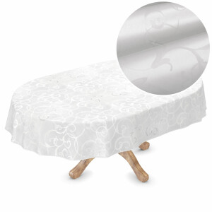 Premium Tischdecke Soft Wachstuch mit 1mm Stärke Ornament Damast Weiß Oval 150x300cm mit Saum abwaschbar