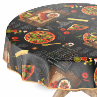 Wachstischdecke Wachstuch Tischdecke abwaschbar Gartentischdecke Pizza Schwarz Rund 140cm eingefasst