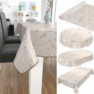 Weihnachtstischdecke abwaschbar Wachstuch Tischdecke Weihnachten Schneeflocken Beige