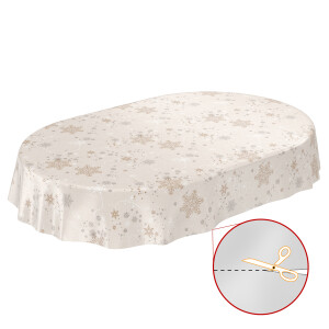 Weihnachtstischdecke abwaschbar Wachstuch Tischdecke Weihnachten Schneeflocken Beige Oval 180x140cm