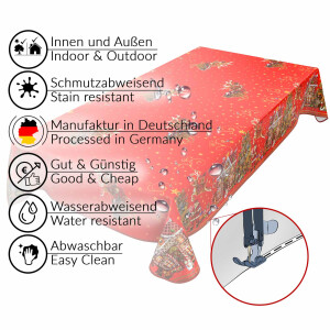 Weihnachtstischdecke Wachstuch Tischdecke Weihnachten abwaschbar Weihnachtsmarkt Rot 120x140cm eingefasst