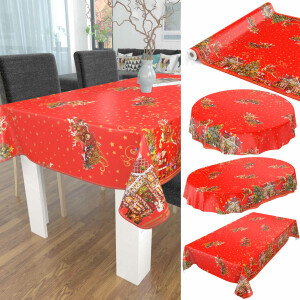 Weihnachtstischdecke Wachstuch Tischdecke Weihnachten abwaschbar Weihnachtsmarkt Rot 200x140cm eingefasst