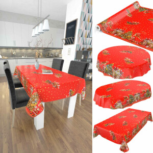 Weihnachtstischdecke Wachstuch Tischdecke Weihnachten abwaschbar Weihnachtsmarkt Rot Oval 180x140cm eingefasst