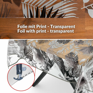 Transparente Tischdecke Vinyl Tischfolie Folie Tischschutzfolie 0,15mm mit Muster Star Blätter Silber Grau 220x140cm mit Saum (Eingefasst)