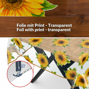 Transparente Tischdecke Vinyl Tischfolie Folie Tischschutzfolie 0,15mm mit Muster Star Sonnenblume 100x140cm mit Saum (Eingefasst)