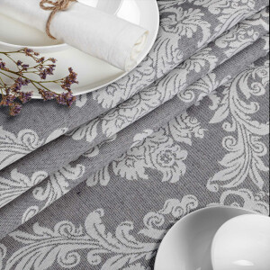 Stoff Tischdecke Textil Meterware Tischtuch Baumwolle Polyester Premium Jacquard Ornament Barock Grau