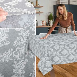 Stoff Tischdecke Textil Meterware Tischtuch Baumwolle Polyester Premium Jacquard Ornament Barock Grau