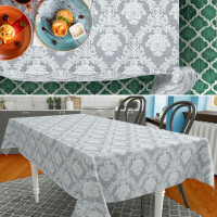 Stoff Tischdecke Textil Meterware Tischtuch Baumwolle Polyester Premium Jacquard Ornament Barock Grau