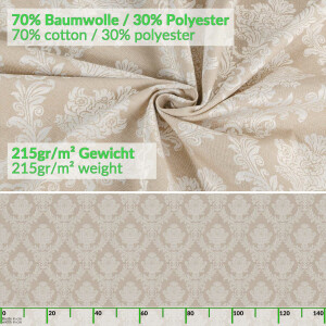 Stoff Tischdecke Textil Meterware Tischtuch Baumwolle Polyester Premium Jacquard Ornament Barock Beige