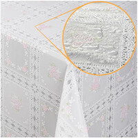 Vinyl Tischdecke abwaschbar Wachstischdecke Lace Vinyl Häkeloptik Blumen Karo Rosa Weiß