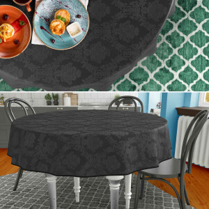 Tischdecke Stoff Tischwäsche Textil abwaschbar Tischtuch Baumwolle Polyester Barock Schwarz Rund 140cm Outdoor Tischdecke