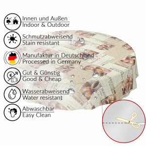 Wachstischdecke abwaschbare Tischdecke Kaffee Croissant Expresso Beige Rund 140cm